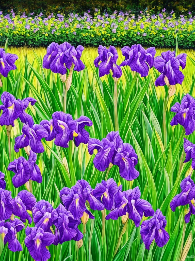 purple flowers line the edge of a garden with green grass, a pastel by Bernard D’Andrea, flickr, fine art, beautiful border, irises, encompass violet irises, soulful irises, wide irises, iris, cube shaped irises, violet and black, their irises are red, indigo blooming flowers garden, incredibly beautiful, rich contrast