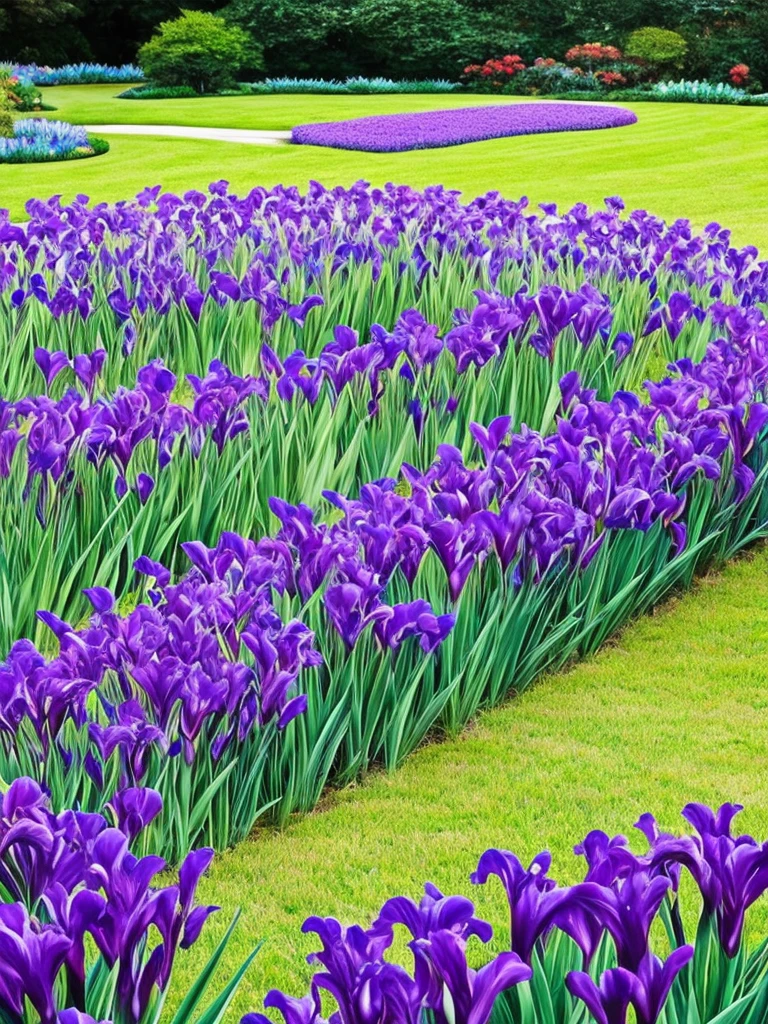 purple flowers line the edge of a garden with green grass, a pastel by Bernard D’Andrea, flickr, fine art, beautiful border, irises, encompass violet irises, soulful irises, wide irises, iris, cube shaped irises, violet and black, their irises are red, indigo blooming flowers garden, incredibly beautiful, rich contrast