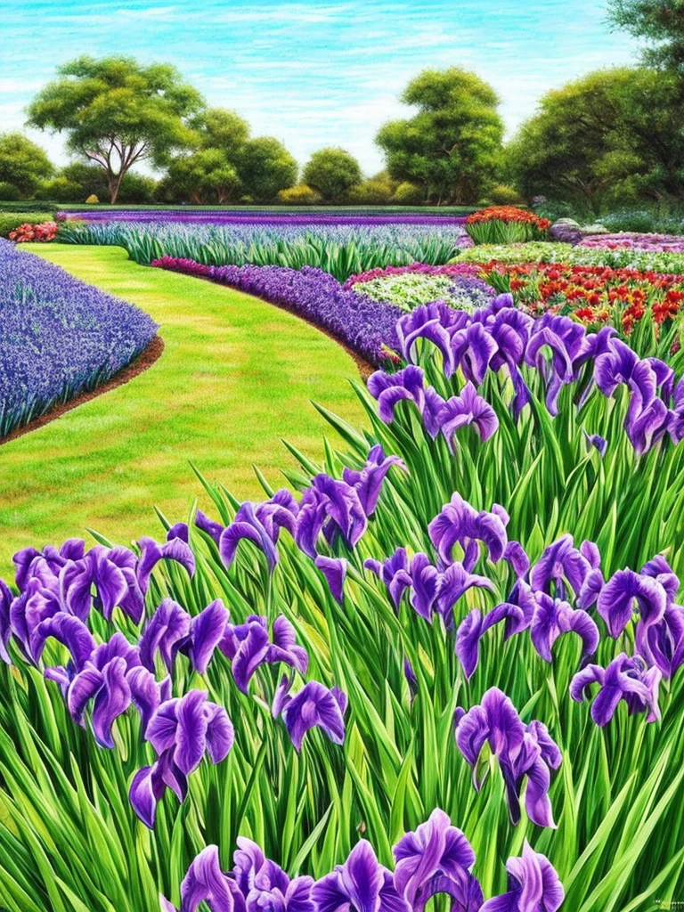 purple flowers line the edge of a garden with green grass, a pastel by Bernard D’Andrea, flickr, fine art, beautiful border, irises, encompass violet irises, soulful irises, wide irises, iris, cube shaped irises, violet and black, their irises are red, indigo blooming flowers garden, incredibly beautiful, rich contrast