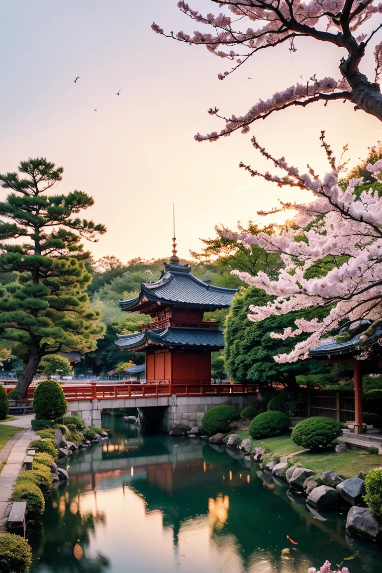 (Digital Painting),(Highest quality), Tranquil Japanese Garden, Cherry tree in full bloom, Koi Pond, Pedestrian bridge, Pagoda, Ukiyo-e art style, Hokusai inspiration, Deviant art is popular, 8K Ultra Real, Pastel color scheme, Soft lighting, Golden Hour, Quiet atmosphere, Landscape