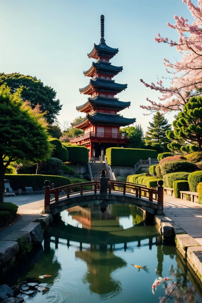 (Digital Painting),(Highest quality), Tranquil Japanese Garden, Cherry tree in full bloom, Koi Pond, Pedestrian bridge, Pagoda, Ukiyo-e art style, Hokusai inspiration, Deviant art is popular, 8K Ultra Real, Pastel color scheme, Soft lighting, Golden Hour, Quiet atmosphere, Landscape