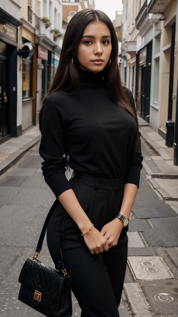 Create the image of a 35-year-old woman, with very long, straight and voluminous hair, black and parted to the side. She is a beautiful woman of Colombian origin, wearing a black blouse with an elegant turtleneck and red tailored pants, holding a bag in her hand, with golden earrings and a watch. She is 1.55 tall and 75 kilos with a round face. She is on a London street, going to a business meeting, she has delicate and subtle hands. High quality, high resolution, 8k.