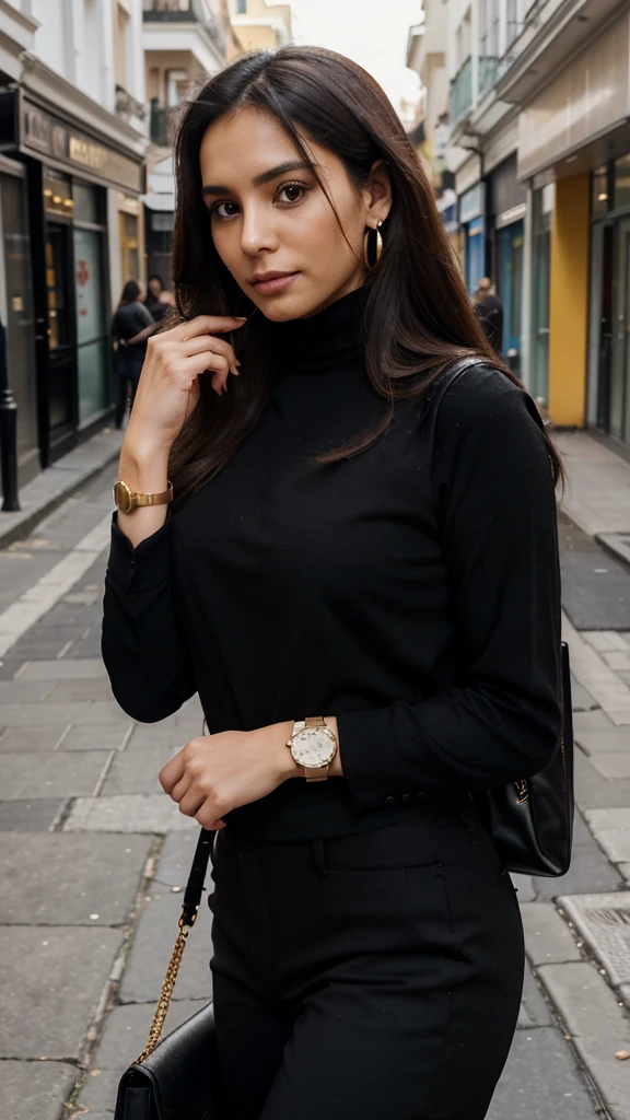 Create the image of a 35-year-old woman, with very long, straight and voluminous hair, black and parted to the side. She is a beautiful woman of Colombian origin, wearing a black blouse with an elegant turtleneck and red tailored pants, holding a bag in her hand, with golden earrings and a watch. She is 1.55 tall and 75 kilos with a round face. She is on a London street, going to a business meeting, she has delicate and subtle hands. High quality, high resolution, 8k.