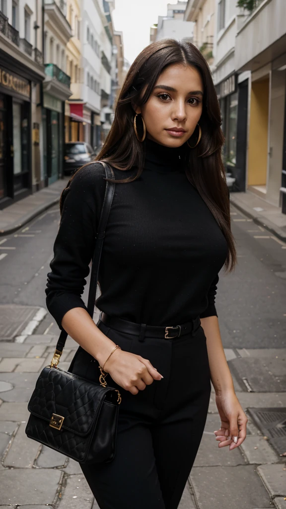 Create the image of a 35-year-old woman, with very long, straight and voluminous hair, black and parted to the side. She is a beautiful woman of Colombian origin, wearing a black blouse with an elegant turtleneck and red tailored pants, holding a bag in her hand, with golden earrings and a watch. She is 1.55 tall and 75 kilos with a round face. She is on a London street, going to a business meeting, she has delicate and subtle hands. High quality, high resolution, 8k.