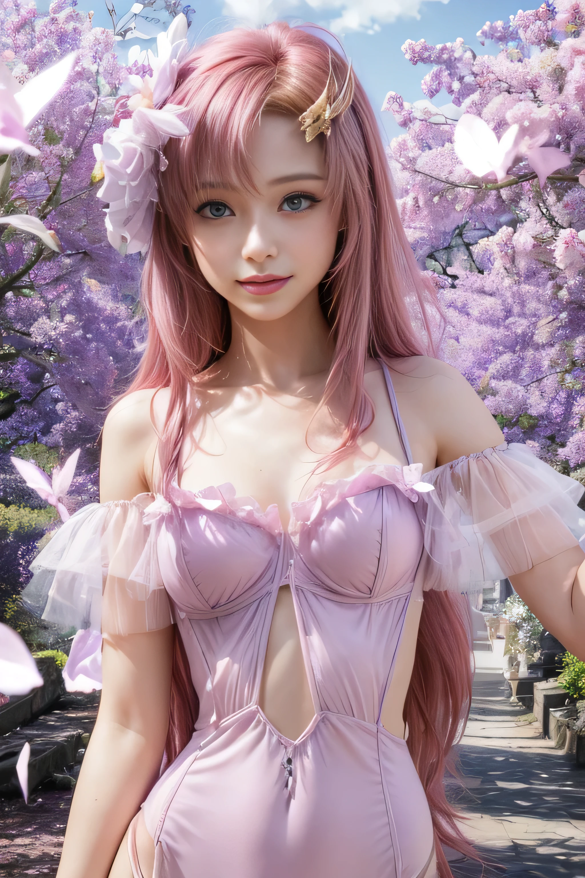 masterpiece, best quality, (realistic,photo-realistic:1.4), (RAW photo:1.2), extremely detailed CG unity 8k wallpaper, delicate and beautiful, amazing, finely detail,official art, absurdres, incredibly absurdres, huge filesize, ultra-detailed, extremely detailed, extremely detailkcaled girl,extremely detailed eyes and face, light on face,(little smiles:1.3),long hair,(pink hair:1.3),garden,small breast,(purple eyes:1.5),lacus clyne,nature,(purple dress:1.5),(wering lingerie:1.4)