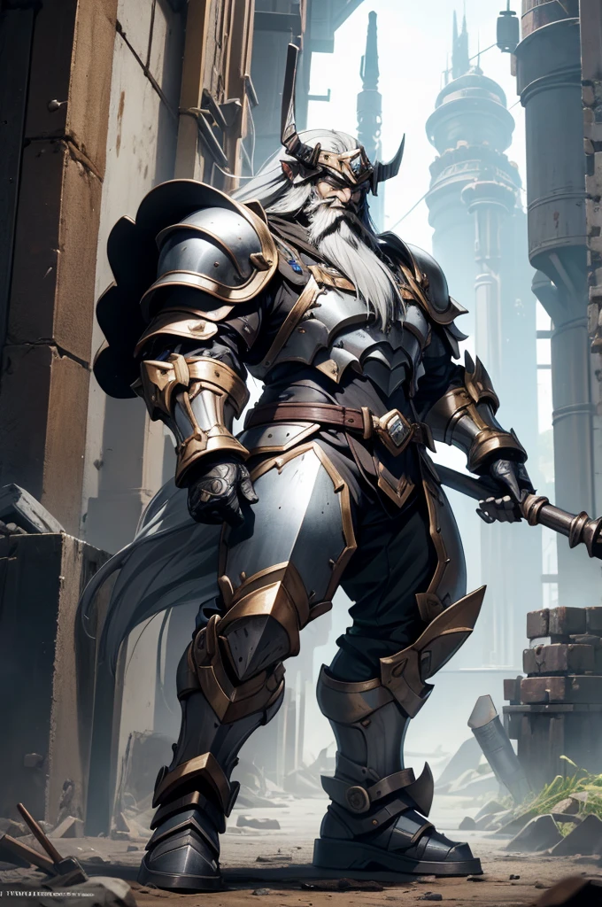 Dwarf engineer, defined mucles, long silver hair, long beard, saphire eyes, forge hammer, heavy adorned full plate armor, completely full body art