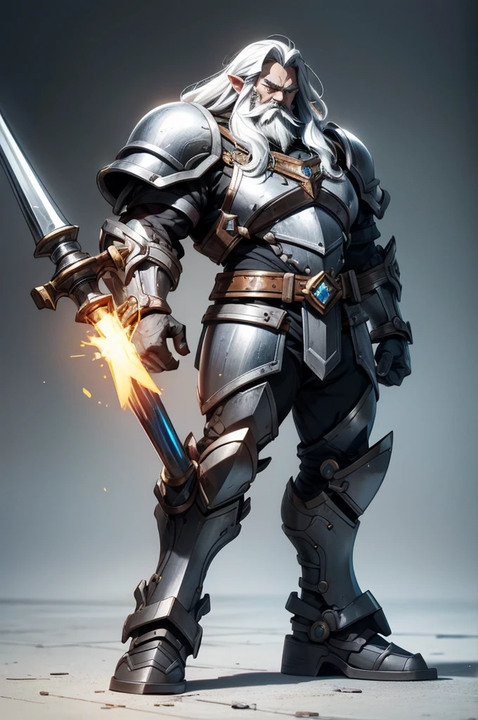 Dwarf engineer, defined mucles, long silver hair, long beard, saphire eyes, forge hammer, heavy adorned full plate armor, completely full body art