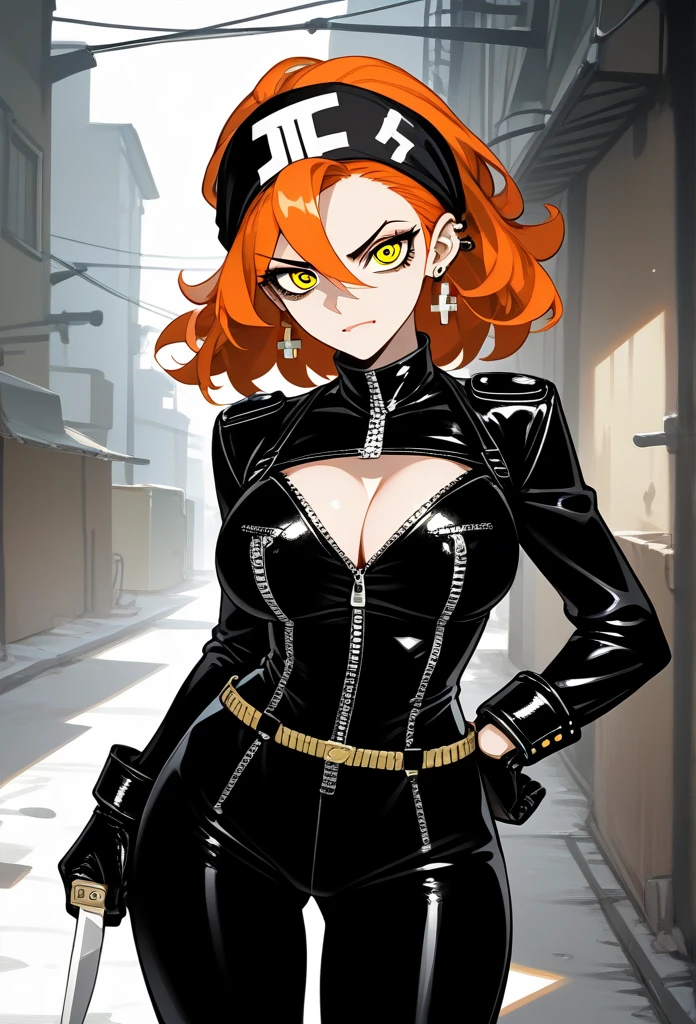 masterpiece, best quality, mature woman, mature face, trimmed hairstyle, red hair, mature face, hot face, sharp eyes, big breasts, voluptuous body, golden eyes, (bandit outfit, bandit bandana), looking at viewer, tough appearance, alley, (looking serious), lunatic face, lunatic smile, (glaring eyes, piercing eyes), lunatic expression, (holding dagger)