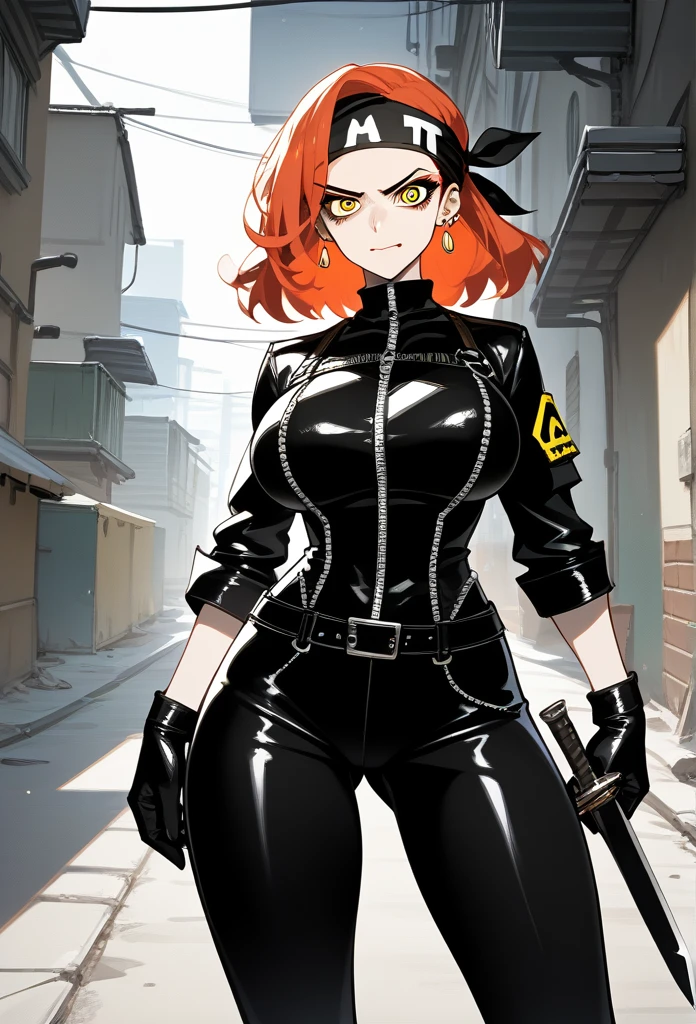 masterpiece, best quality, mature woman, mature face, trimmed hairstyle, red hair, mature face, hot face, sharp eyes, big breasts, voluptuous body, golden eyes, (bandit outfit, bandit bandana), looking at viewer, tough appearance, alley, (looking serious), lunatic face, lunatic smile, (glaring eyes, piercing eyes), lunatic expression, (holding dagger)