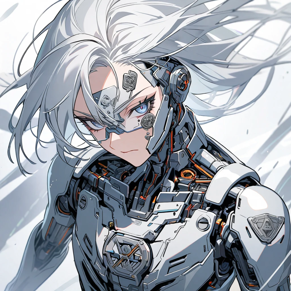 Bionic Man,Metal patch,Silver lines,Silver Eyeshadow,White hair,mechanical decoration