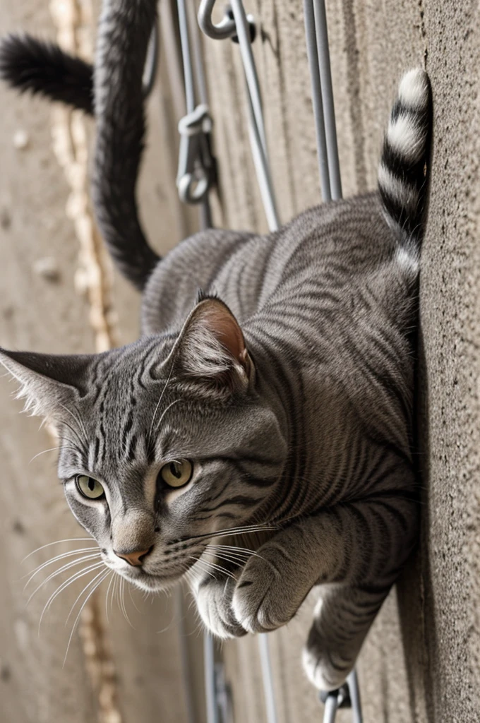 Image of a large gray adult cat with black stripes and white paws with light brown eyes climbing in a climbing world 