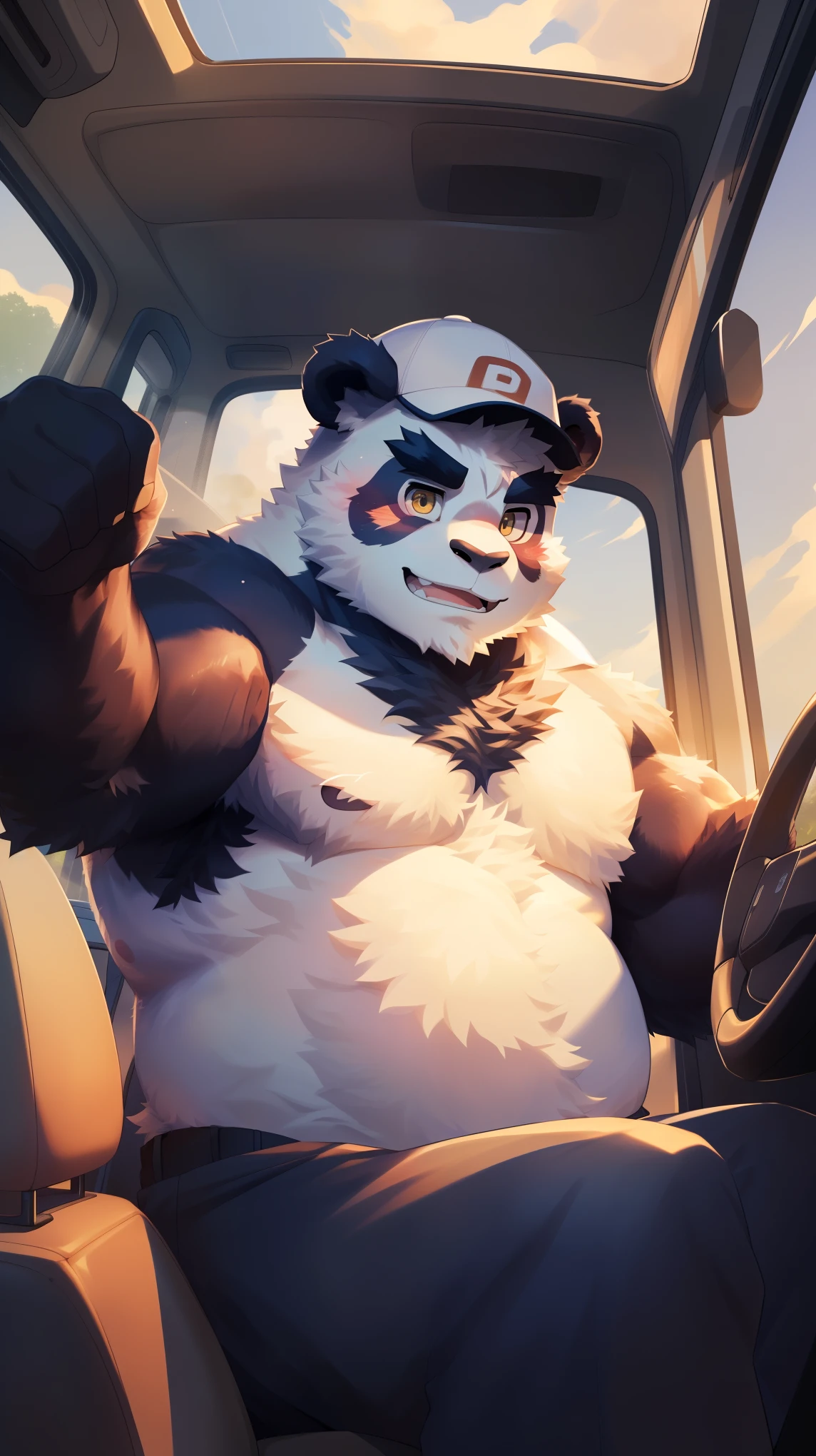 (Vision:1.5), solitary, anthropology, hairy, hairy male, Giant Panda, ((Fluffy fur, Fluffy, hairy body)), (panda print), (Thick eyebrows), youth, muscular, White and big skin, Golden pupils, Detailed teeth, defaced face, fundos, driver, White jacket, Baseball cap, cab里, Driving, sideways, Shy expression, A faint smile, blush, (Dynamic poses:1.5), Clear facial features, Strong, majestic, alone, panoramic, Fog atmosphere, early morning, Tyndall Light Effect, cab, Sunlight through the car window, (By Empty Ghost, From panda20, masterpiece, high quality, high resolution,8K)