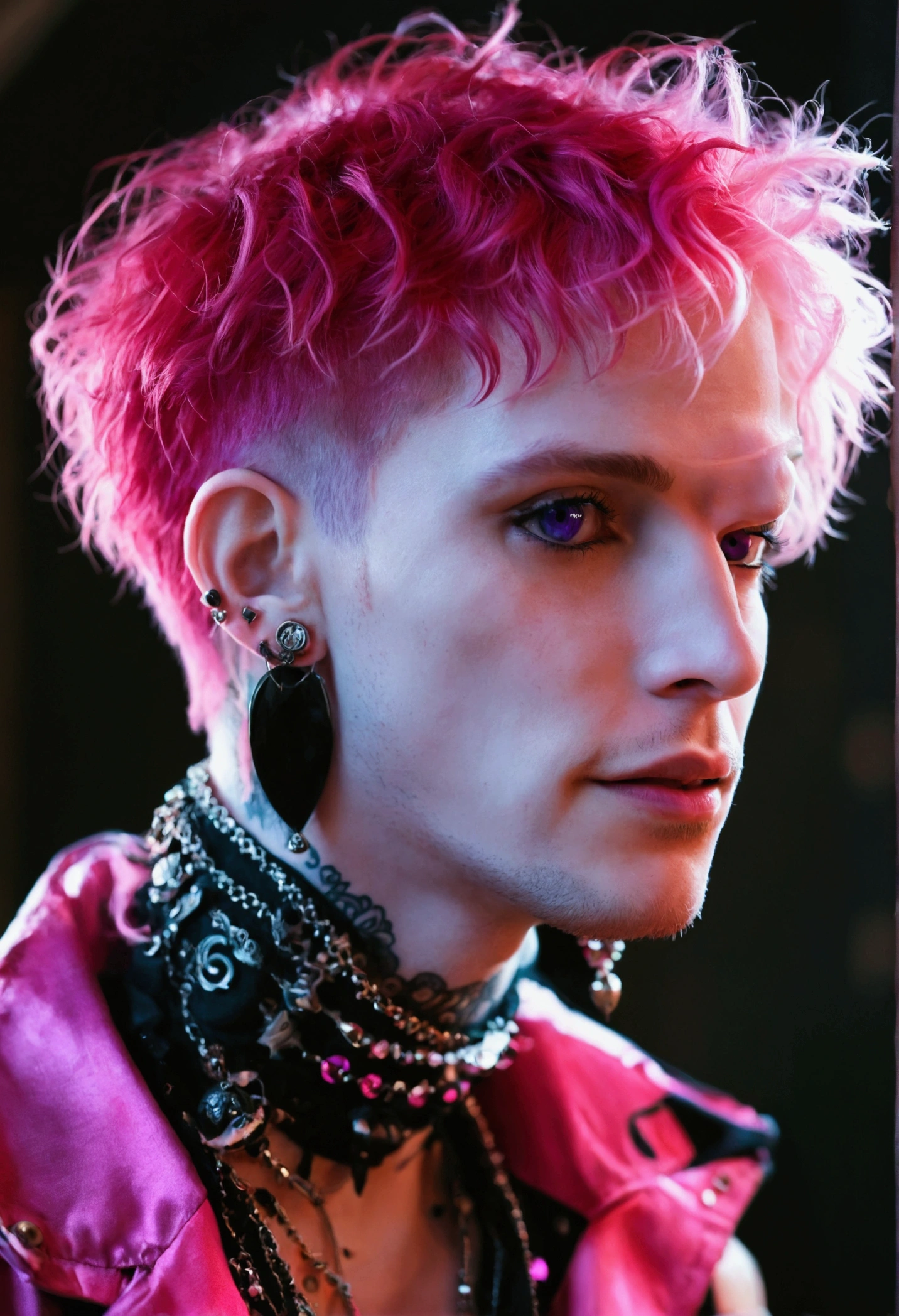 short pink hair, skinny man, pink goth, earrings, pale skin, purple eyes, smile, side profile