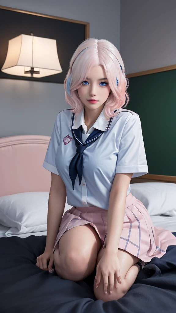 Girl from an anime with lilac hair and cat ears of the same hair color, lime green eyes, with a shirt that has no sleeves and the collar is high and covers the entire neck, the shirt is black, short navy blue shorts , black stockings, sitting on a bed in an exciting way