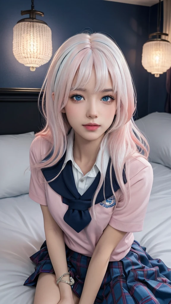 (masterpiece), (high quality), (8k resolution), (RAW photo), (best quality), (masterpiece:1.5), (realistic:1.5), ((photo realistic)), vibrant details, hyper realistic,1girl, (cute:1.2), beautiful, high-quality and detailed face, perfect face, (white hair And light pink hair:1.4), rosy cheeks, detailed eyes, (blue eyes),colorful eyes,(watery eyes),nsfw,, slender body, looking at viewer, closed mouth, real human skin, shiny skin, mid breasts, ((school uniform)), sitting, bed,