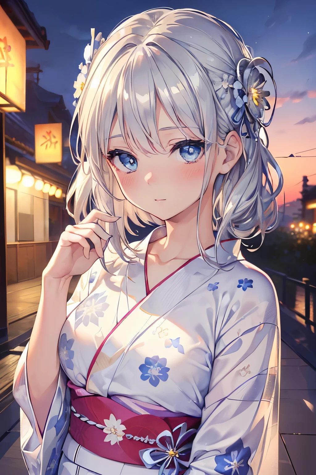 (Best quality,4K,8K,High resolution,Masterpiece:1.2),Super detailed,(Actual, Realistic),
break,
((Beautiful clear blue eyes:1.2)),very kind eyes,eyes wide open,
break,
((Beautiful and shiny silver hair:1.3)),embarrassed expression,blush,
break,
(floral patterned yukata:1.3),
break,
precincts at night