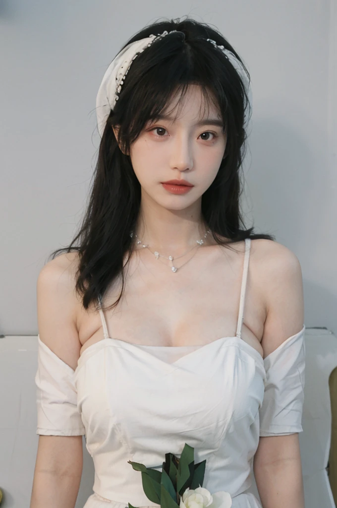 Portrait photography,1 girl,White background,White Wedding Dress,White veil,Beautiful wedding dress,Bare shoulders,Lipstick,(Big Breasts:1.6),Shoulder-Length Wavy Hair,Wear a necklace,Headband,serene,calm,(Realistic and detailed eyes,Natural skin texture,Realistic facial details),