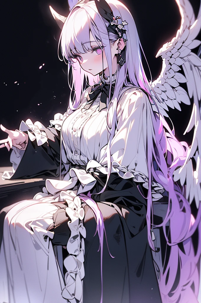 a white gothic lolita angel of punishment, long white hair, purple eyes, 4 wings, holding a black sword, mature, slender, tall, (best quality,4k,8k,highres,masterpiece:1.2),ultra-detailed,(realistic,photorealistic,photo-realistic:1.37),intricate details,chiaroscuro lighting,dark fantasy,cinematic lighting,dramatic shadows,surreal,mystical,ethereal