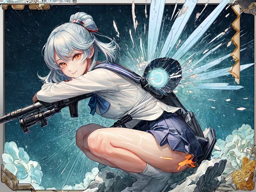 The main illustrations include a school bag, a rifle, and a hot sailor suit. Please follow the instructions below and create an illustration as if you were a professional illustrator who is ``good at expressing Japanese anime illustrations.'' Please generate the ultra-best depiction of the characteristic drawing style and painting method of Japanese anime illustrations as an ukiyo-e illustration that conveys the cuteness and cuteness.
1. Ultra best background "Shining mist, illumination, mixed taste of blue and gold, gradation, glittering floral pattern, shading, flashy, vivid, warmth, gentleness, softness, brilliance, inclusiveness, liveliness"
2. Ultra's best person: "Bright eyes, happy smile, Lolita, beautiful girl, double eyelids, make-up, neat, kind and bright personality, bewitching"
3. Ultra's best character items and weapons: "Cute school bag, cool rocket launcher"
4. Ultra's best human expression: "Sexy miniskirt, hot sailor suit, glowing rocket launcher"
5. The best poses for Ultra characters: “Sitting, crouching, holding a rocket launcher, leaning forward, shooting, sniping”
6. Ultra best drawing method "Paints, illustrations, watercolors, pencils and brushing"
7. Ultra best depiction "Japanese anime taste, three-dimensional effect, graphic design, visual art, depth, flashy patterns and colorful finish"
8. Ultra's highest generation level "Ultra's highest depiction performance, Ultra's highest degree of perfection, Ultra's highest quality, Ultra's finest masterpiece, Ultra's highest ultra-high resolution"
9. Use delicate expressions and careful finishing.
10. Adjust the contrast and brightness balance.
11. Finally, add the following content: Smooth and soft, with beautiful curves. Generates clear details. Generates illustrations with delicate and accurate drawing power and feminine brush feel and pressure.