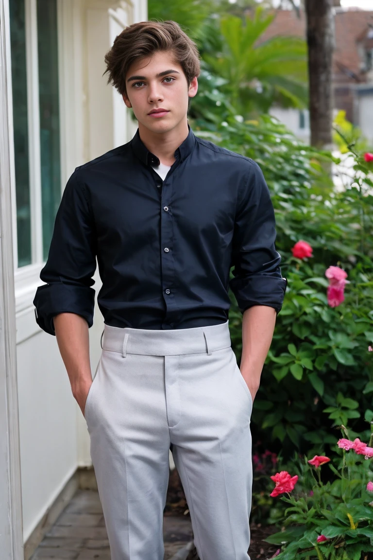 Realistic photo of solo handsome teenage men standing in front of hotel garden