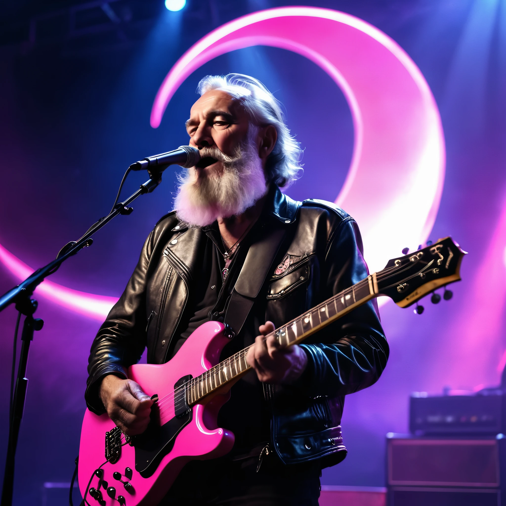 An old, bearded man standing in a leather jacket on a concert stage playing a pink guitar in the shape of a crescent moon, concert lighting, cinematic lighting, Full HD, 4K, LED lighting, neon light, euphoric atmosphere, heavy metal show, rock show, rock n roll.