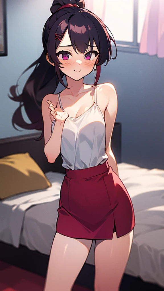 high tail hairstyle, Ponytail hairstyle, Long wavy black hair, standing posing, anime girl style, pixel art anime style,penetrating look with deep eyes,red and purple eyes, hair with a ponytail hairstyle trapped with a big red bun, Women, red hair clips, x color shaped hair clips , smiling face blush, next to his bed, lingerie, Tank Top, Black hair, mini skirt, big thighs,