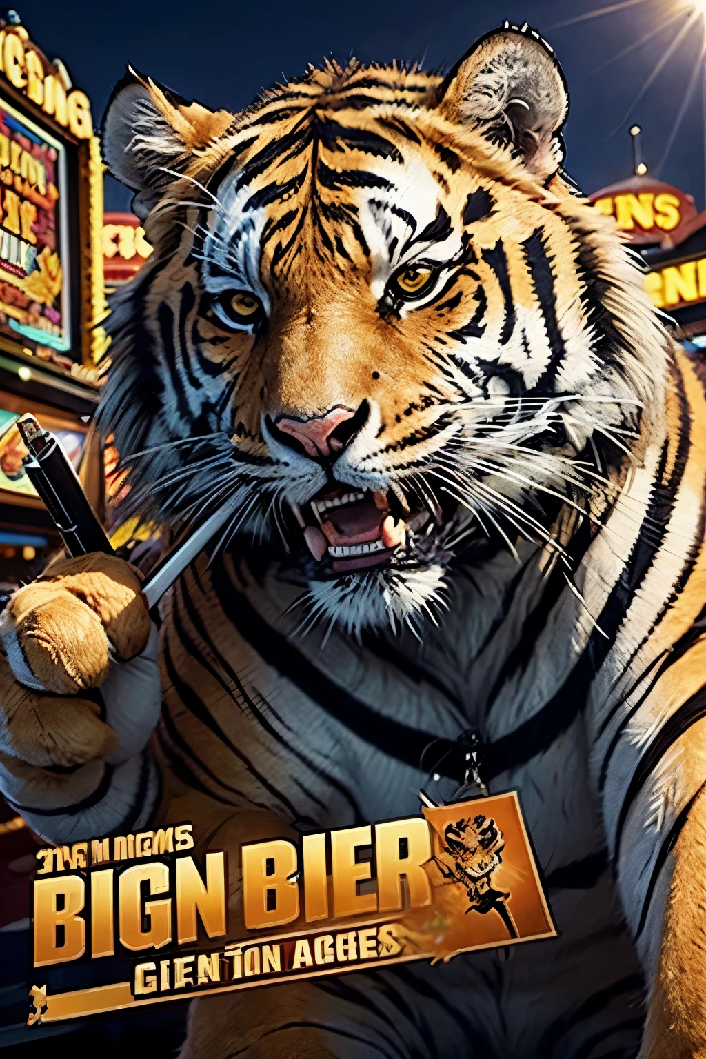 angry tiger with hand-rolled cigarette in mouth, location of a casino that has a banner banner written "WEED SLOTS"