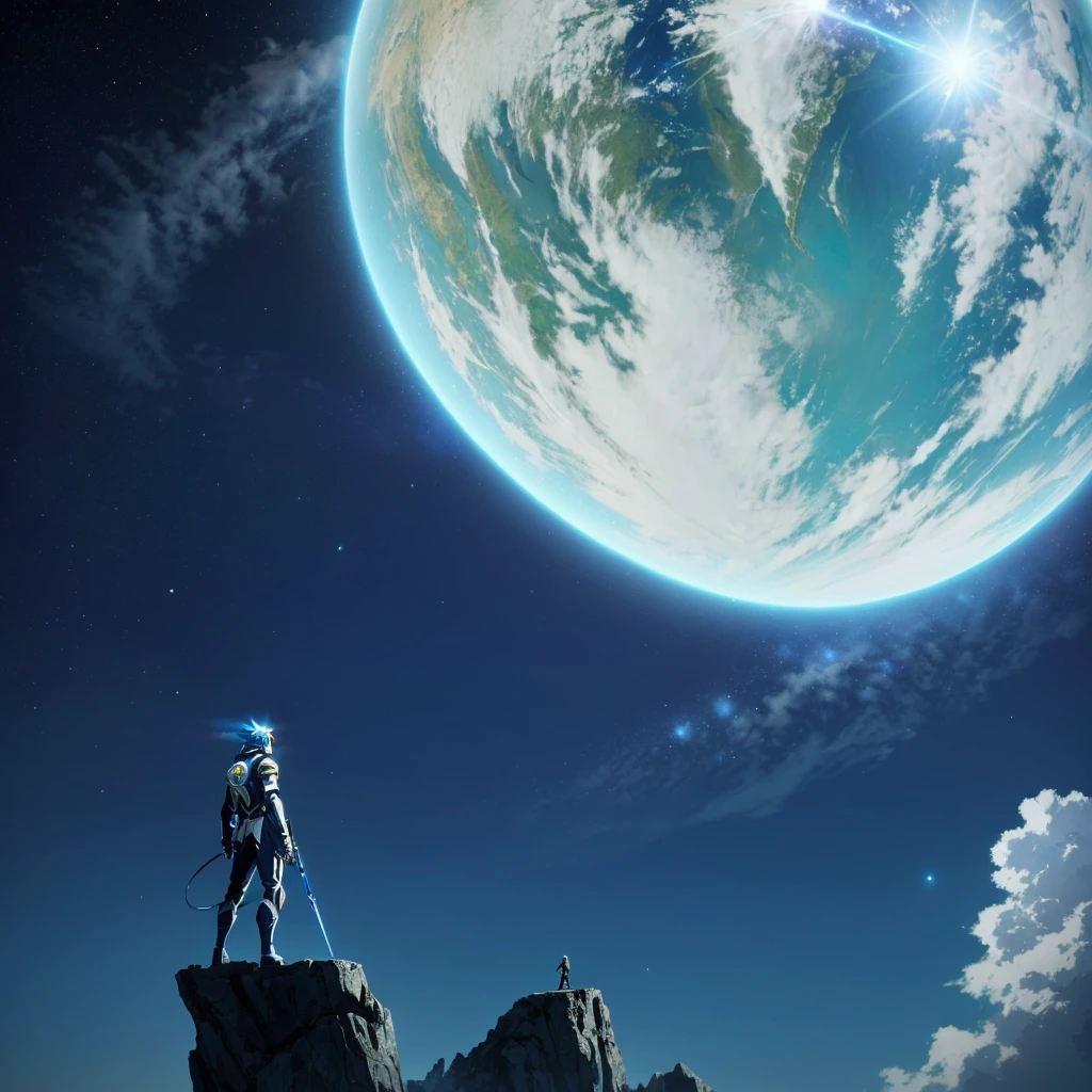 アニメ, a man standing on a rock looking at a blue planet, cosmos infinito ao fundo, o アニメ em destaque de hoje ainda, fundo de filme de アニメ, captura de tela de um アニメ de 2012, fundo de アニメ, captura de tela do filme de アニメ, captura de tela do filme de アニメ, planet sky in the background, Captura de tela do アニメ 2 0 1 9, アニメ atmosférico, abertura de アニメ