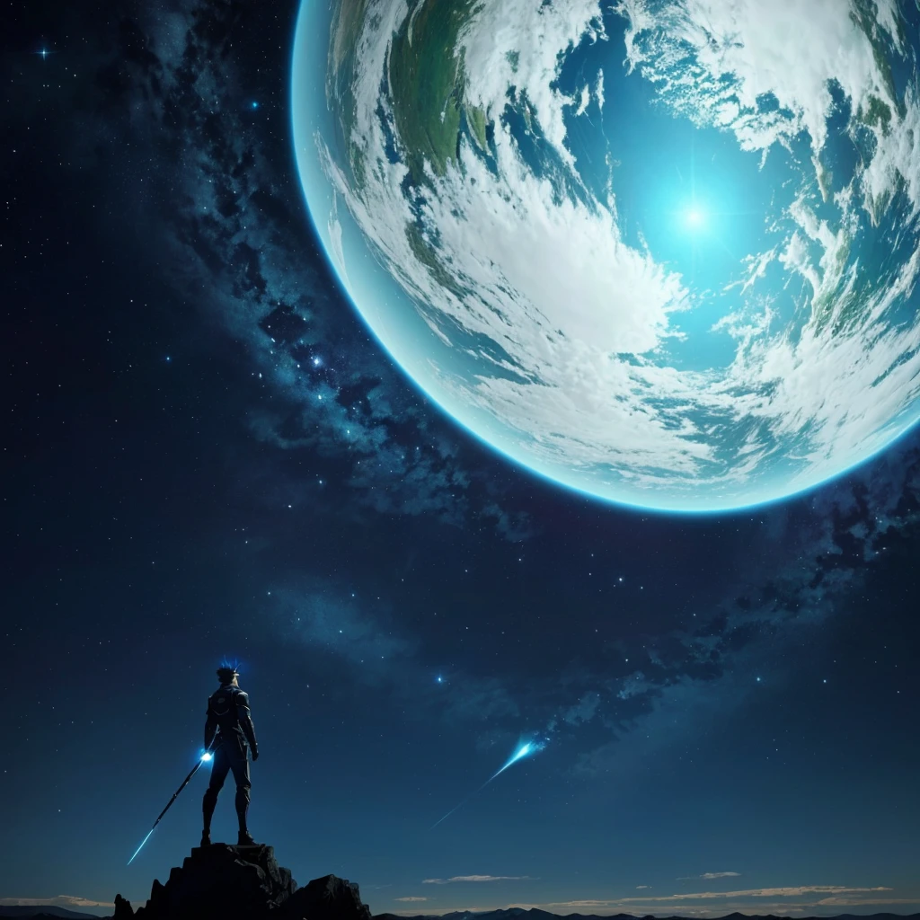 アニメ, a man standing on a rock looking at a blue planet, cosmos infinito ao fundo, o アニメ em destaque de hoje ainda, fundo de filme de アニメ, captura de tela de um アニメ de 2012, fundo de アニメ, captura de tela do filme de アニメ, captura de tela do filme de アニメ, planet sky in the background, Captura de tela do アニメ 2 0 1 9, アニメ atmosférico, abertura de アニメ