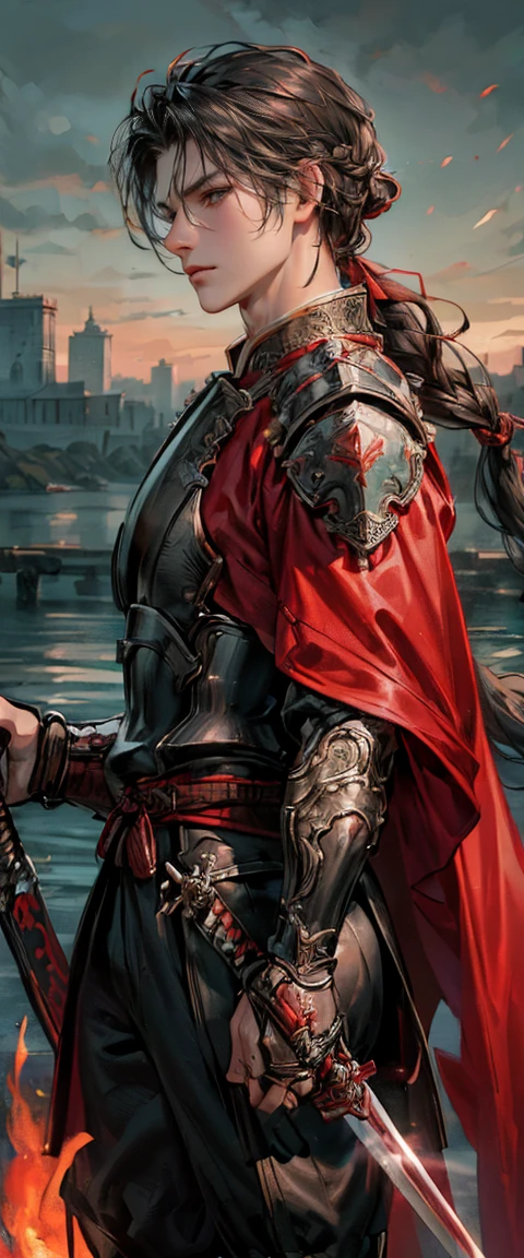 ((Masterpiece, Top Quality, High Resolution, Photorealistic, Raw, 8K wallpaper)), A male swordsman in clothes, Hero of the Three Kingdoms, (A large sword is held in both hands), he has long black hair tied back, wears iron armor and a red cape, Surrounded by enemy soldiers with a burning city in the background,