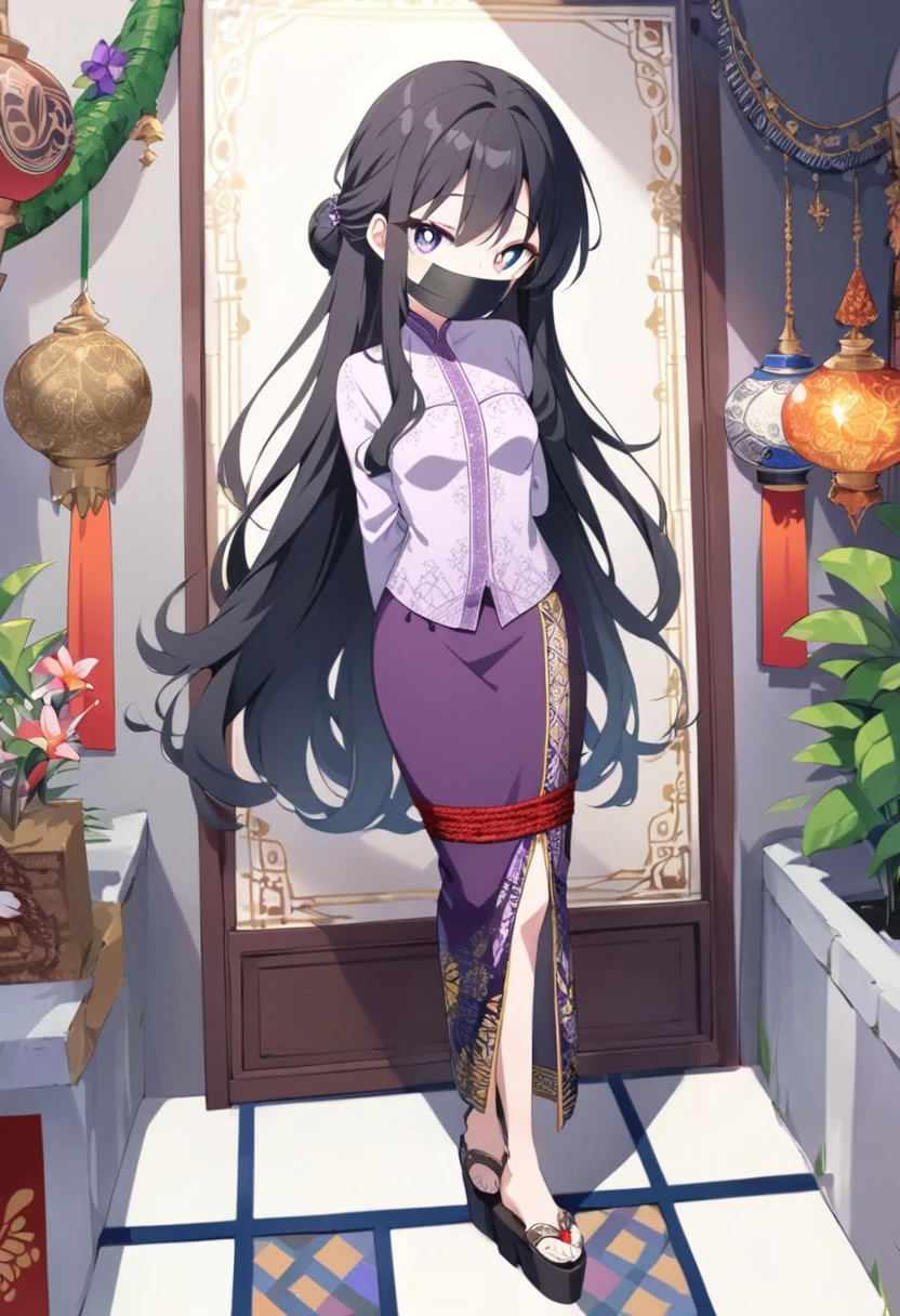 score_9, score_8_up, source_anime, 1girl, solo,The photo features a woman standing in traditional decorations. She is wearing traditional attire consisting of a light purple kebaya with lace trim and a long purple skirt with batik or songket patterns. The woman is also wearing white high-heeled sandals, and there is a frangipani flower tucked behind her left ear. The surrounding environment has ornate decorations, likely from Bali or Java. , (bound wirsts), (arms behind back), (tapegag, tape gag), dramatic,  (looking at viewer), (detailed pupils:1.3),pencil skirt ,red rope, thick rope,small breast,messy hair, black hair,long hair