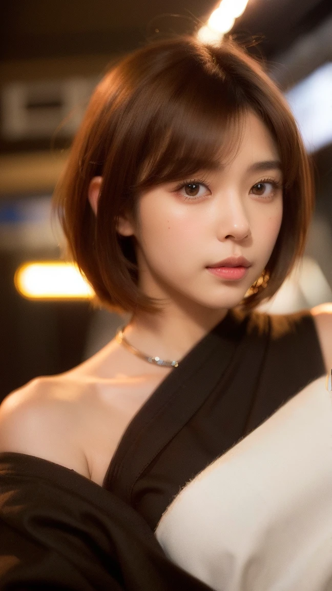 (((Straight shoulder-length brown mini bob hair)))、(((目が細くLight eye makeup)))、(((Standing alone on the rider'Jacket and jeans against the back alleys of Kabukicho at night.)))、(((Please wear clothes that cover your arms..)))、Half Japanese and half Korean、18-year-old girl、independent、Look forward、Light eye makeup、Brown Hair Color、flat 、Hair blowing in the wind、Quality of actress、Shiny, Ultra-realistic faces、smileの表情、Watery eyes、look up、Soothing lighting effects、 Ultra-Realistic Capture、Very detailed、High resolution 16k human skin closeup。Skin texture must be natural、Must be so detailed that pores are visible、skin is healthy、Must be of uniform tone、Use natural light and color、High quality photos taken by modeling agencies'Exclusive photographer、smile