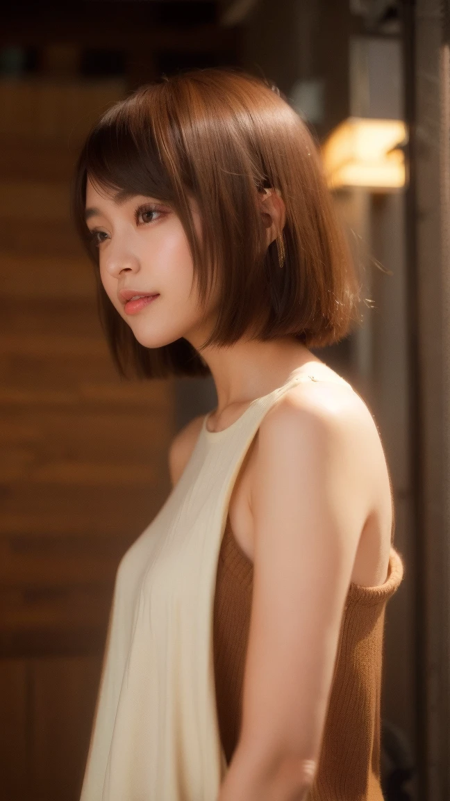 (((Straight shoulder-length brown mini bob hair)))、(((目が細くLight eye makeup)))、(((Standing alone on the rider'Jacket and jeans against the back alleys of Kabukicho at night.)))、(((Please wear clothes that cover your arms..)))、Half Japanese and half Korean、18-year-old girl、independent、Look forward、Light eye makeup、Brown Hair Color、flat 、Hair blowing in the wind、Quality of actress、Shiny, Ultra-realistic faces、smileの表情、Watery eyes、look up、Soothing lighting effects、 Ultra-Realistic Capture、Very detailed、High resolution 16k human skin closeup。Skin texture must be natural、Must be so detailed that pores are visible、skin is healthy、Must be of uniform tone、Use natural light and color、High quality photos taken by modeling agencies'Exclusive photographer、smile