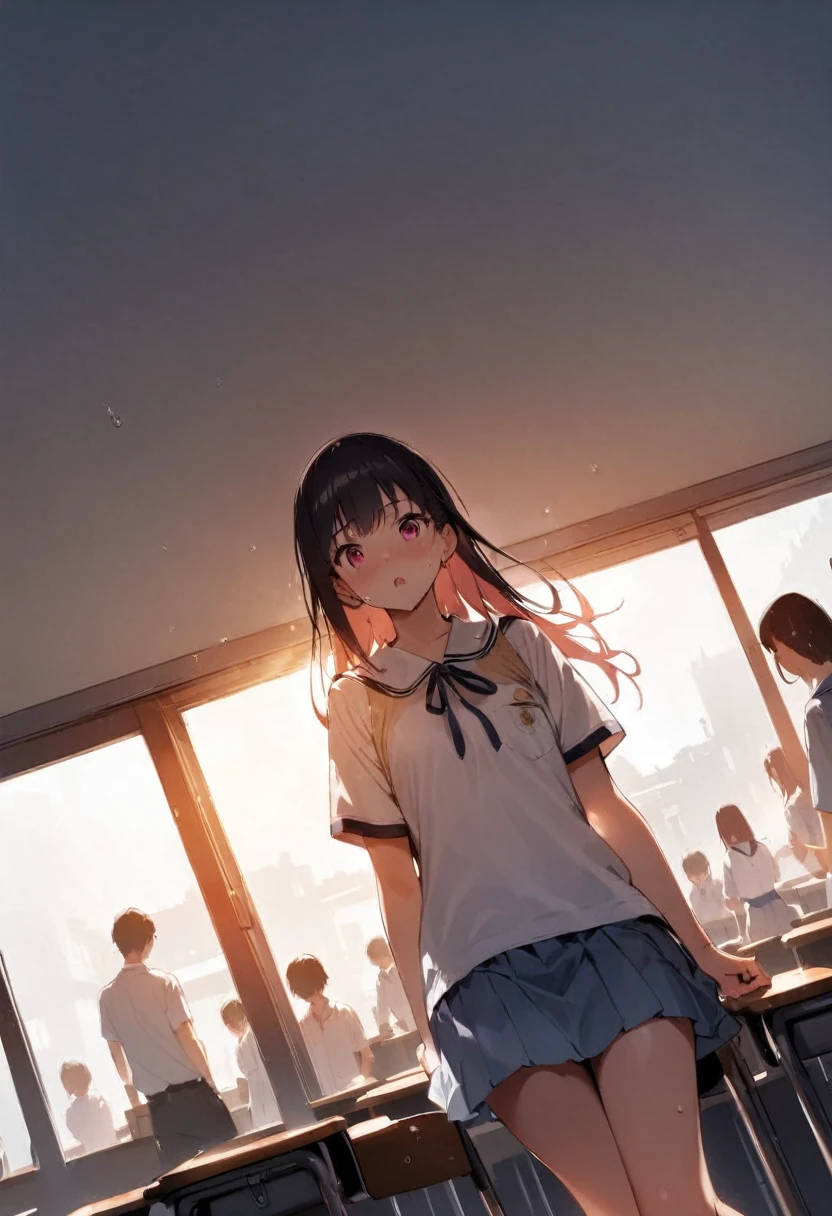 Sweating profusely、Air conditioning is broken、School、In the classroom、Sitting in a chair、Girl、Girl、Short、Younger、Lower school year、Baby Face、flat chest、Dynamic Angle、masterpiece、best quality、ultra-detail、Summer sunshine、Miniskirt、The desks are lined up、There are several classmates behind me.、Clothing、be very anxious、I was so surprised.、Very anxious、window