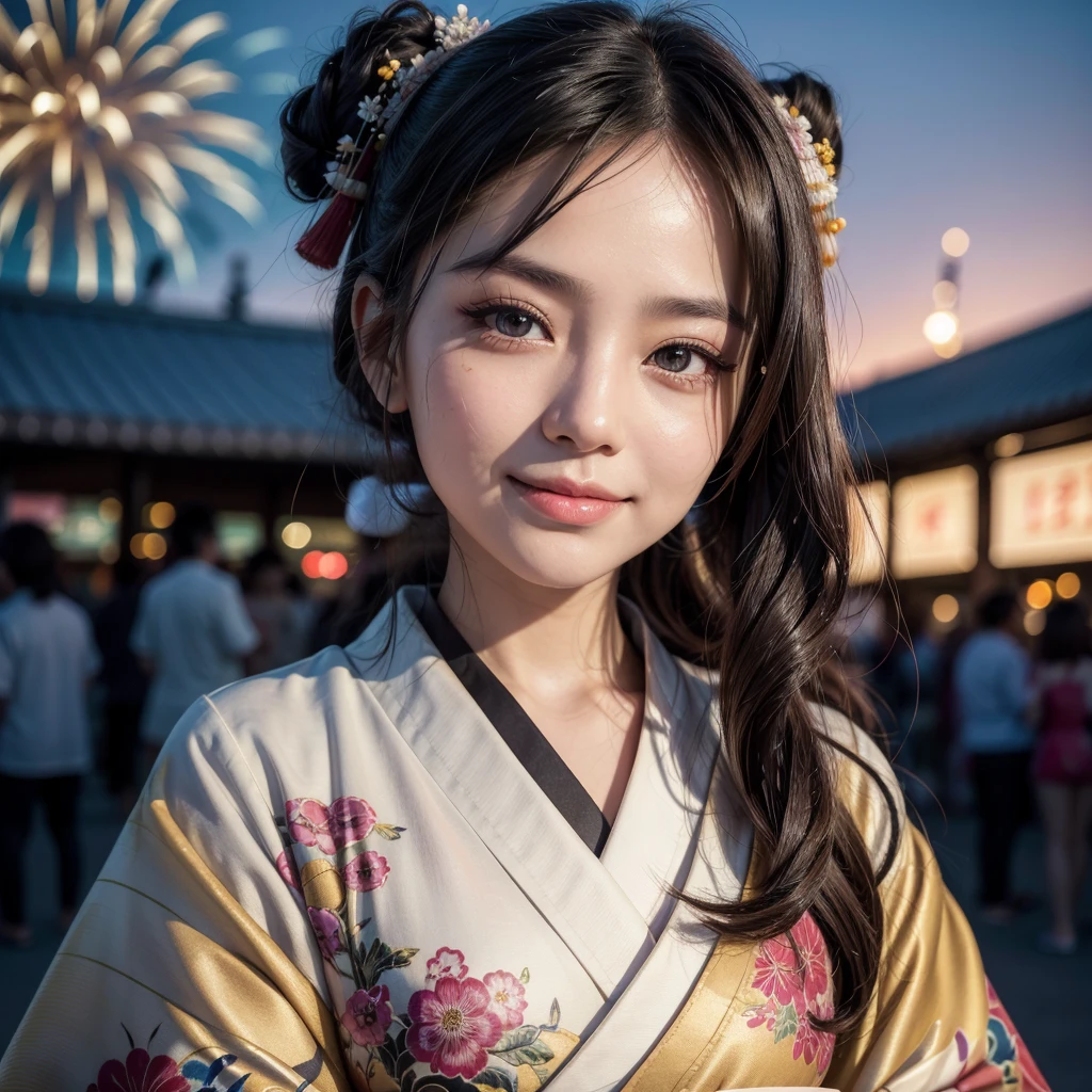 (((maximum quality, 8K, work of art))), sharp focus, (pretty woman with perfect figure), 苗条, (coiffure: High above)), ((kimono: Cane)), Street: 1.2 Highly detailed texture of face and skin Detailed eyes Double eyelids Random posture, (ssmile),sHigh aboveer cute Japan person,sHigh aboveer beauty Japanese girl, lifelike face, double eyelid,ssmile,Summer festival , At the sunset ,Fireworks background.