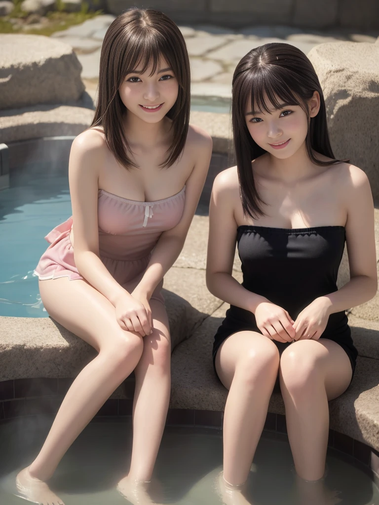 (In 8K、Highest quality、masterpiece:1.2)、(Realistic、Photorealistic:1.2)、Two girls in strapless towels at a hot spring,18-year-old,bangs,A small smile,Thighs,knees,Straight hair with a barrette attached with a red ribbon,From below,Front light