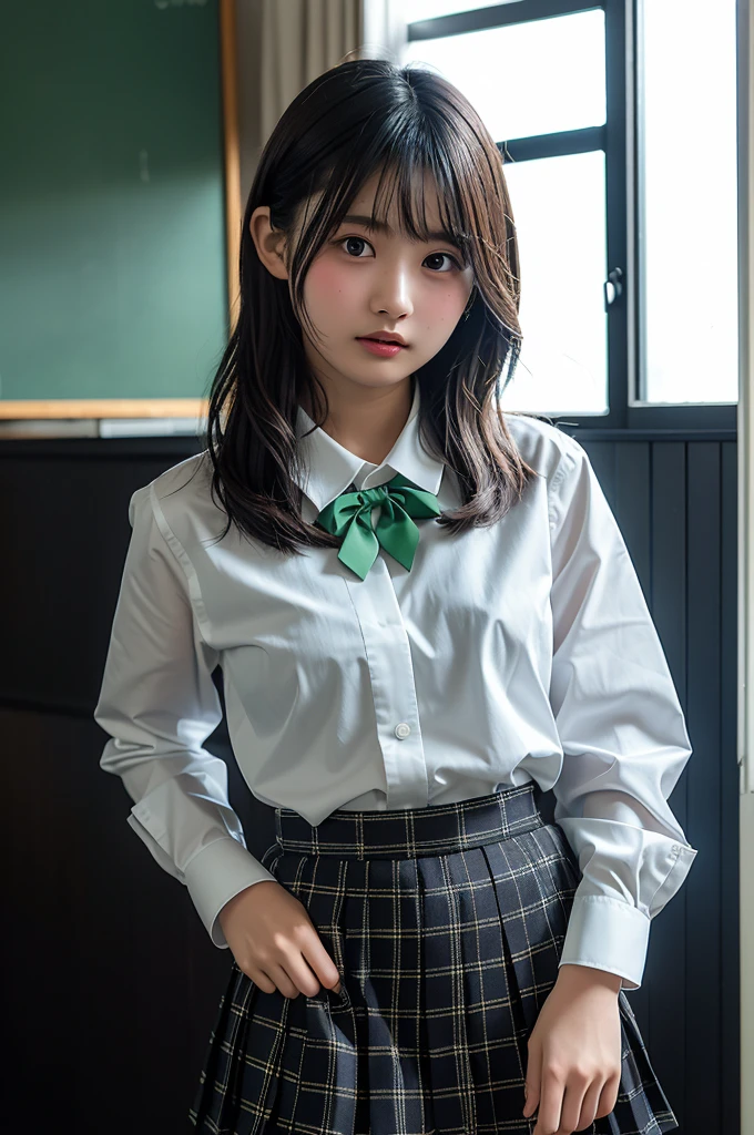 ((Highest quality)), ((masterpiece)), (detailed), One girl, (Black pleated skirt), (Green bow tie on chest), (Long sleeve white shirt), Nothing on my head, (Black patterned pleated skirt), classroom, black skirt, tall, slender, small head, high stature, very long hair, long neck,
