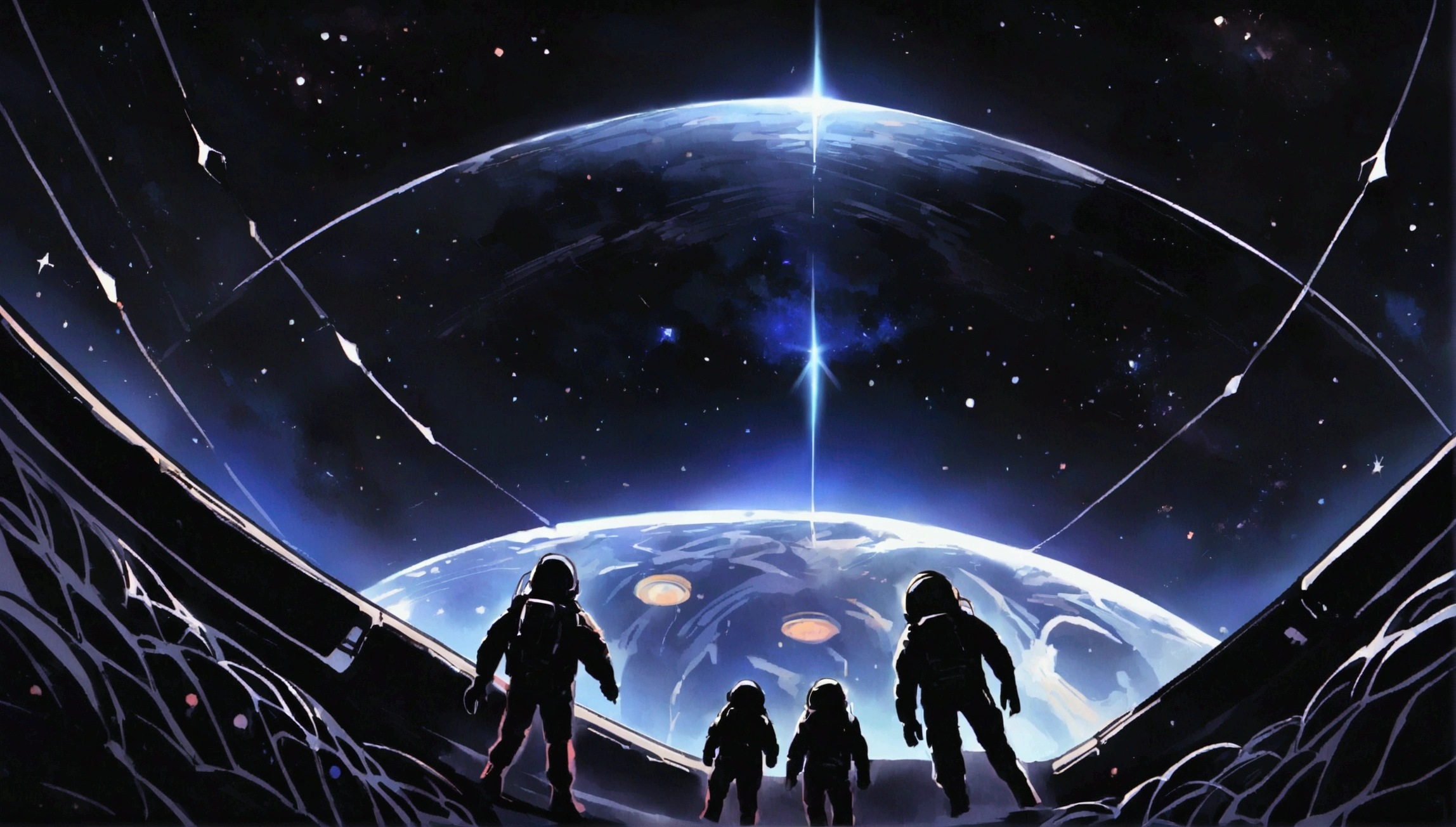 Astronauts wander through space, black background , Galaxy in the background , large alien spaceship floating above