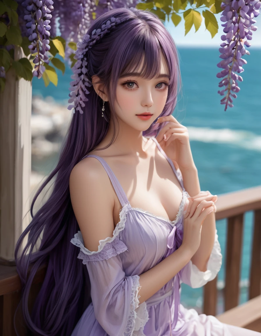 (close up face), extremely beautiful and tender girl, elegant pose, small smile, beautiful tender eyes symmetrical, (beautiful and detailed face), beautiful long (twintail) hair, (wisteria purple hair:1.3), blunt bangs, nice hands, perfect hands, bitter-sweet inspired motif frilly swimsuits, (seaside terrace), a lot of frills,