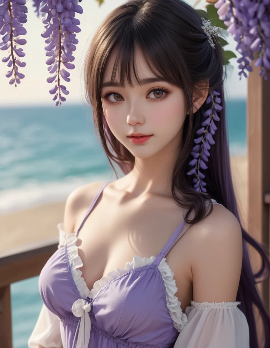 (close up face), extremely beautiful and tender girl, elegant pose, small smile, beautiful tender eyes symmetrical, (beautiful and detailed face), beautiful long (twintail) hair, (wisteria purple hair:1.3), blunt bangs, nice hands, perfect hands, bitter-sweet inspired motif frilly swimsuits, (seaside terrace), a lot of frills,