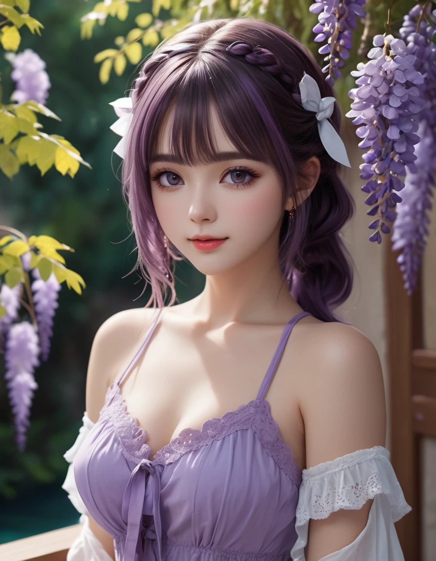 (close up face), extremely beautiful and tender girl, elegant pose, small smile, beautiful tender eyes symmetrical, (beautiful and detailed face), beautiful long (twintail) hair, (wisteria purple hair:1.3), blunt bangs, nice hands, perfect hands, bitter-sweet inspired motif frilly swimsuits, (seaside terrace), a lot of frills,