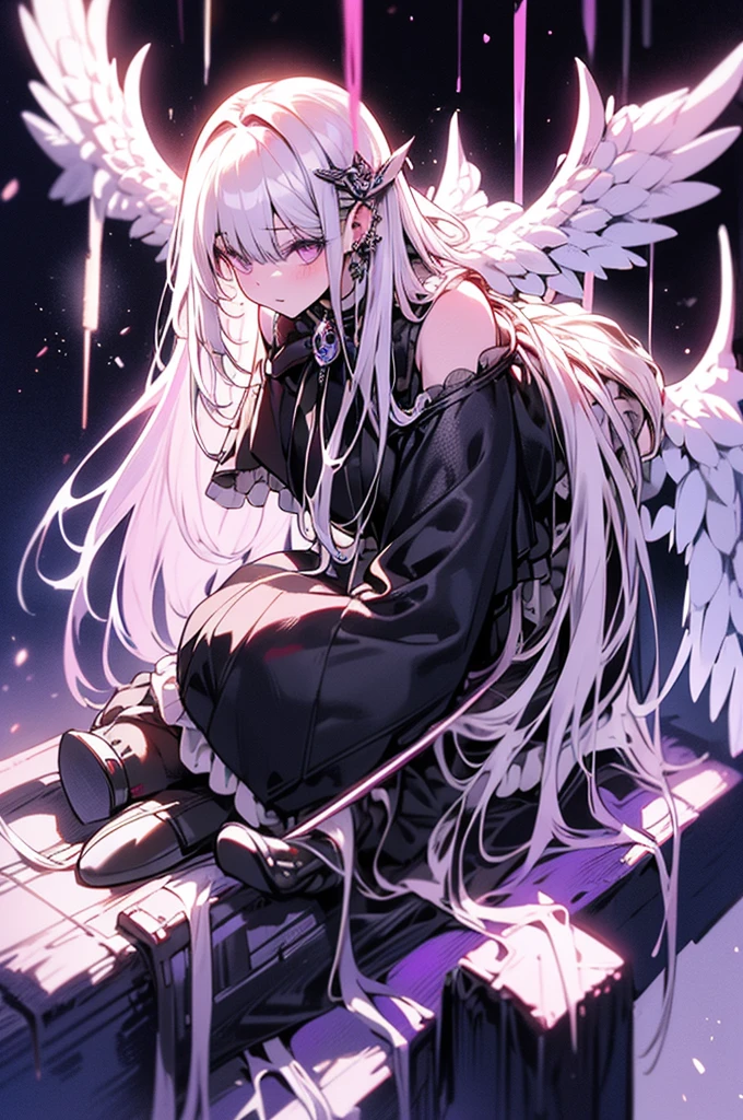 a gothic lolita angel of punishment, long white hair, purple eyes, 4 wings, holding a black sword, mature, slender, tall, (best quality,4k,8k,highres,masterpiece:1.2),ultra-detailed,(realistic,photorealistic,photo-realistic:1.37),intricate details,chiaroscuro lighting,dark fantasy,cinematic lighting,dramatic shadows,surreal,mystical,ethereal