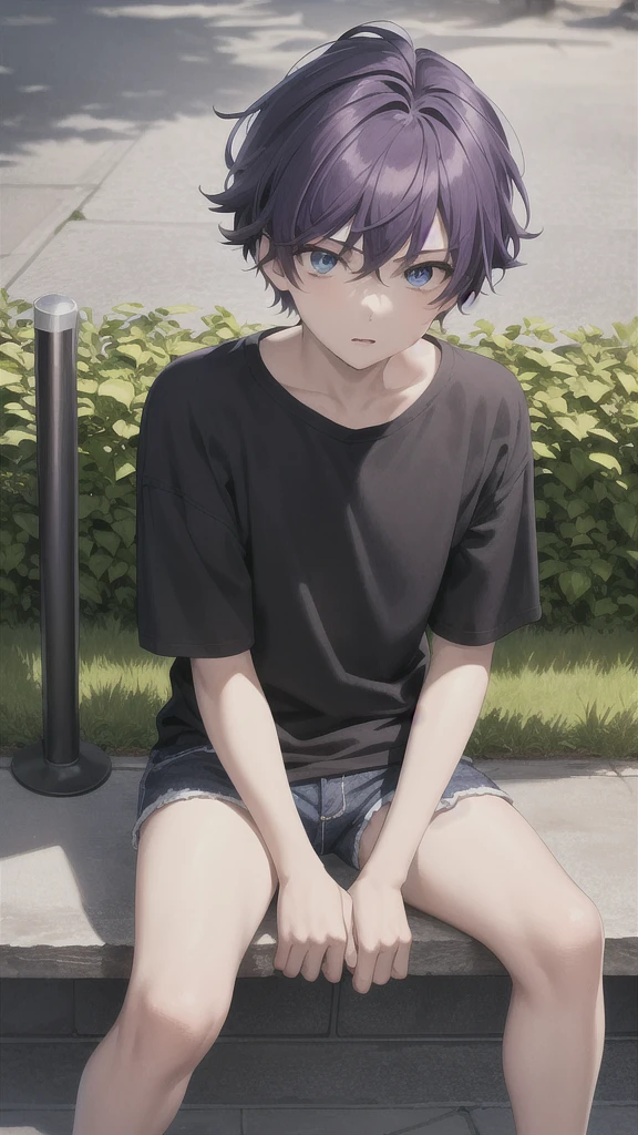 masterpiece, best quality, high quality, ,dark forsest, 1boy, solo, boy,male focus, looking at viewer , purple hair,black T-shirt ,blue jean shorts, blue eyes, sitting on a bench