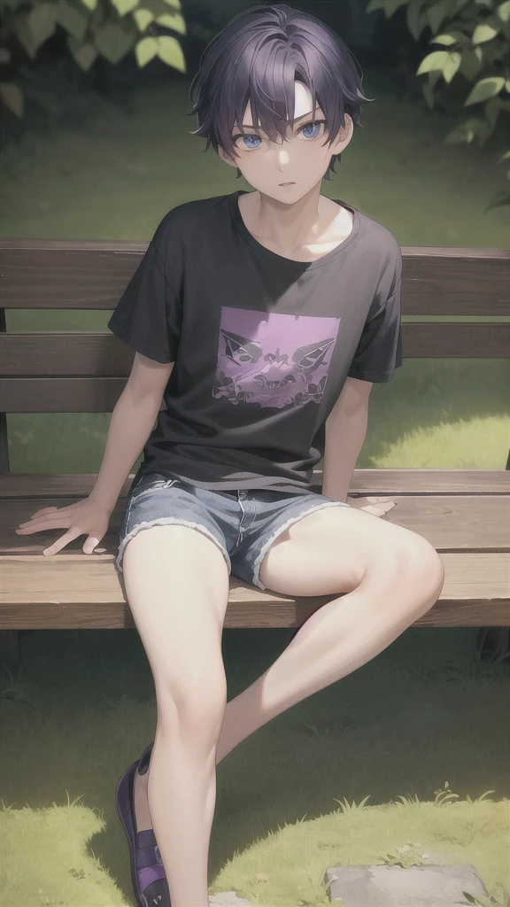 masterpiece, best quality, high quality, ,dark forsest, 1boy, solo, boy,male focus, looking at viewer , purple hair,black T-shirt ,blue jean shorts, blue eyes, sitting on a bench