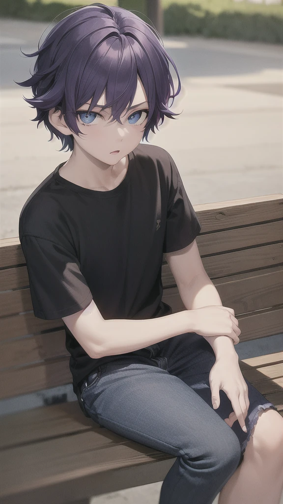 masterpiece, best quality, high quality, ,dark forsest, 1boy, solo, 14-year-old boy,male focus, looking at viewer , purple hair,black T-shirt ,blue jean shorts, blue eyes, sitting on a bench