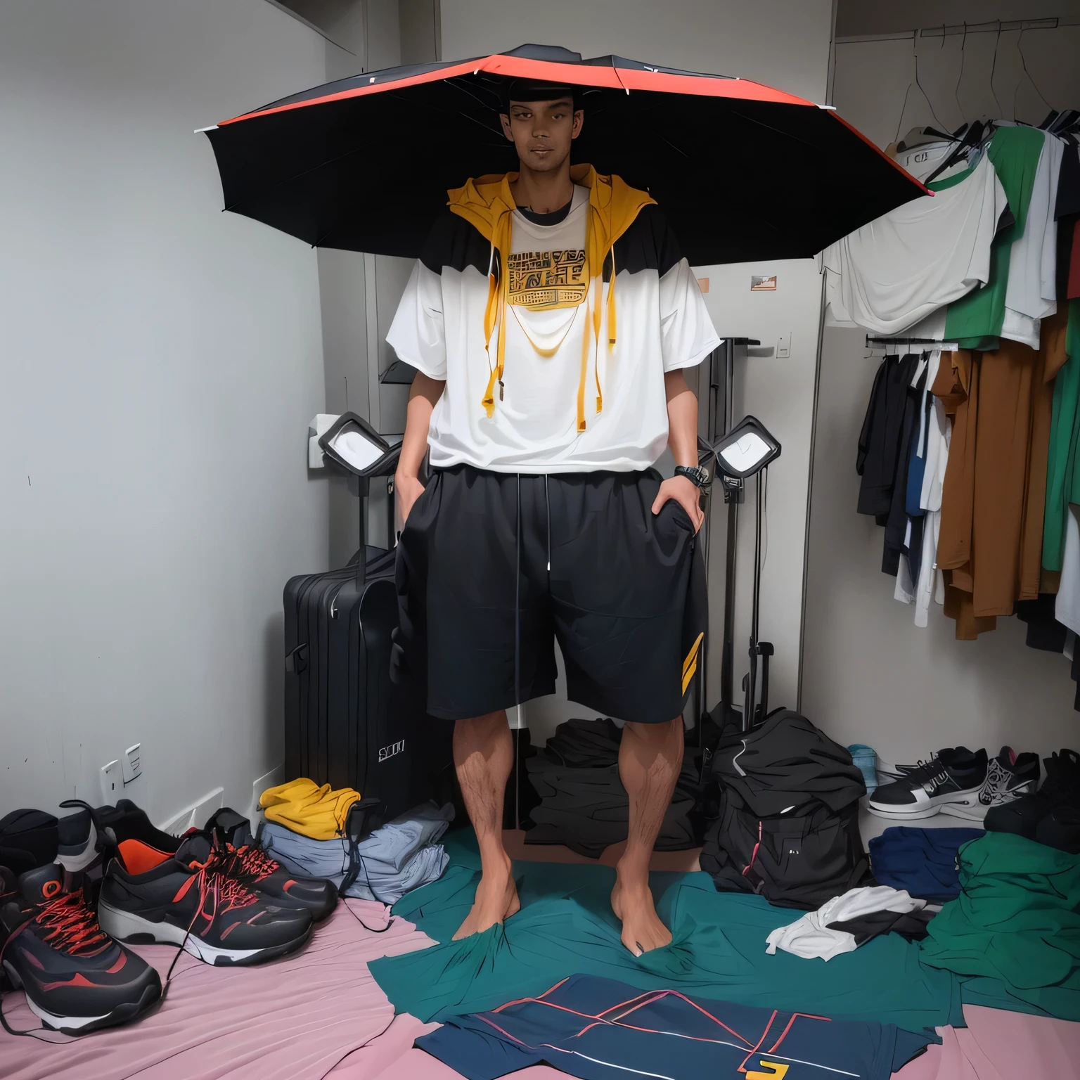there is a man standing in a room with an umbrella on his head, fit pic, in shorts, wearing black shorts, 155 cm tall, full body picture, not wearing many clothes, 165 cm tall, (38 years old), young man with short, wearing dirty travelling clothes, wearing fitness gear, in good physical shape, full body in camera