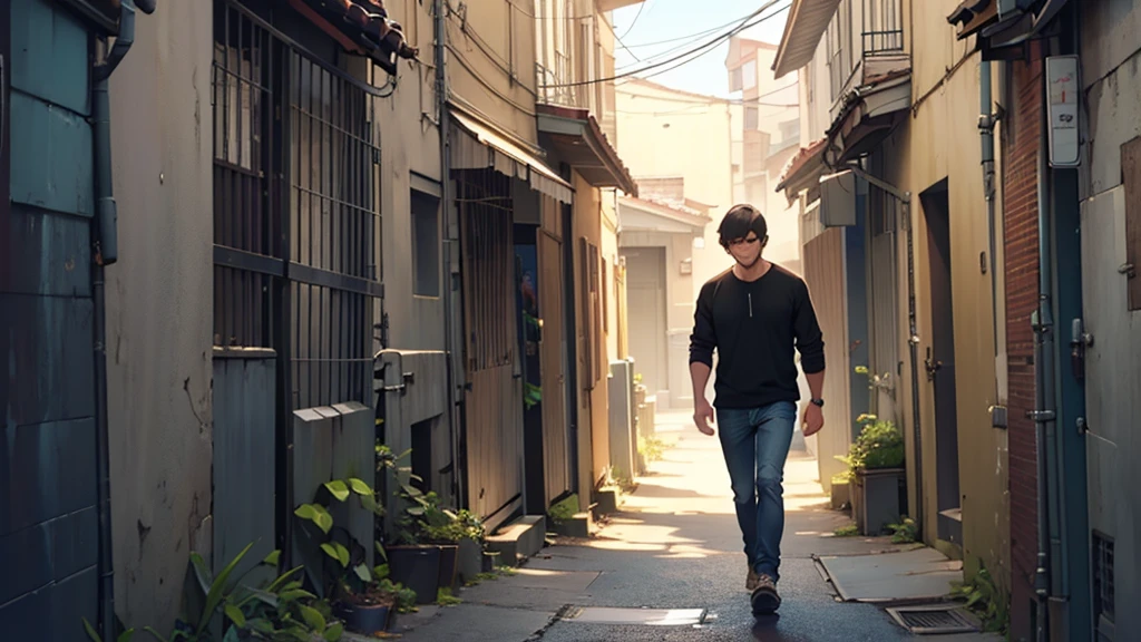 ((best quality)), ((Work of art)),((detailed)), man with an asshole expression on his face, short straight hair with bangs, casual clothes, walking down an alley