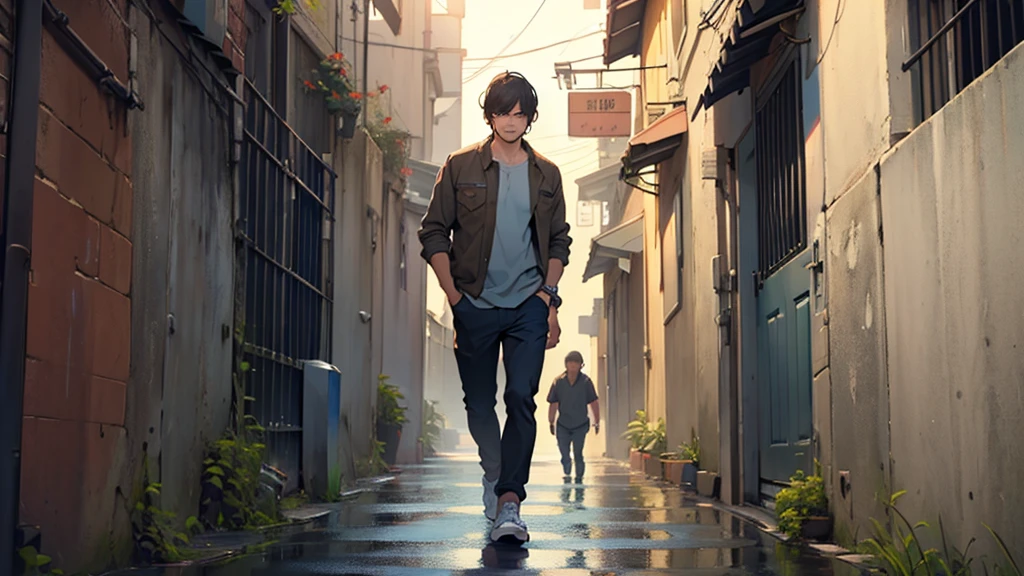 ((best quality)), ((Work of art)),((detailed)), man with an asshole expression on his face, short straight hair with bangs, casual clothes, walking down an alley