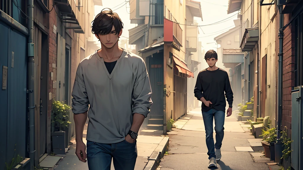 ((best quality)), ((Work of art)),((detailed)), man with an asshole expression on his face, short straight hair with bangs, casual clothes, walking down an alley