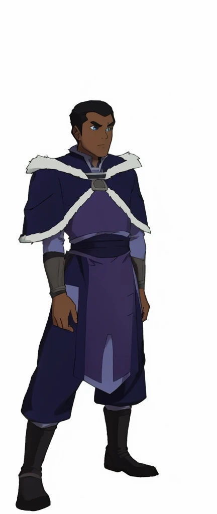 African-American, Bolin, water tribe traditional clothing mixed of blue and purple, with fur in shoulders and neck. Long sleeve, skinny, water tribe outfit. A dark blue or black high-collared sleeveless robe or tunic
A purple tabard or overtunic with lighter purple trim
A white fur-trimmed cape or cloak over the shoulders, fastened with a metal clasp
Black pants or leggings
Black boots that come up to just below the knee
A dark wristband or bracelet on one wrist
The character has dark skin, short black hair, and a serious expression. The outfit appears to be a mix of formal and practical styles, possibly indicating a character of some authority or importance in an animated series or film. The color scheme is primarily dark blues, purples, and black, with the white fur trim providing contrast.